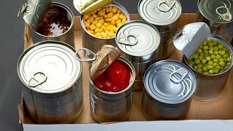 An image of tinned food. Each tin is a cylinder. Some of the lids have been partially removed to show their contents.