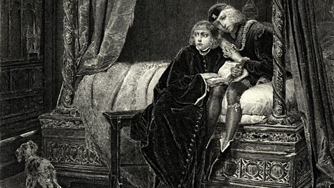 A black and white illustration of the two young princes sitting close together, one on a four poster bed, looking straight ahead, the other on a stool next to the bed looking to the left. A small dog is at the front.