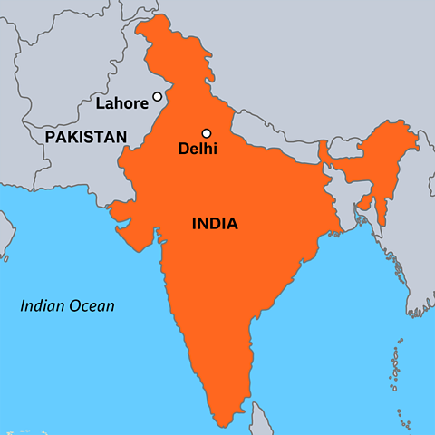 A map showing India, highlighted in orange and Pakistan is labelled as the country next to it. Delhi is labelled in the north of India and Lahore is labelled in the north of Pakistan.