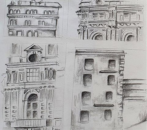 Four pencil drawings of building fronts