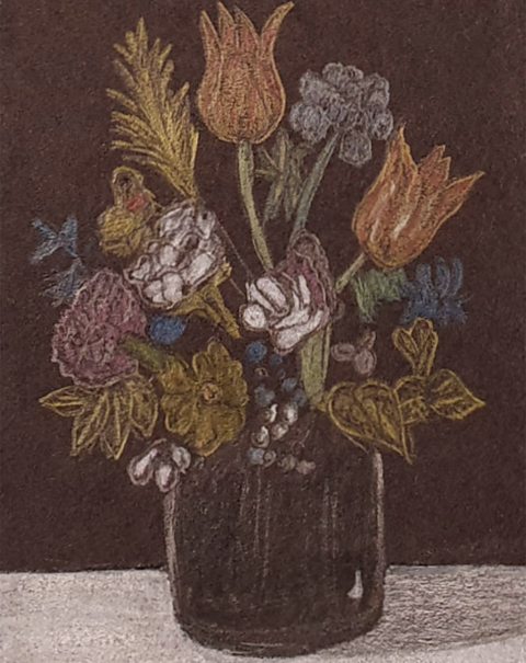 A pastel drawing of a vase of flowers in coloured chalk on black paper