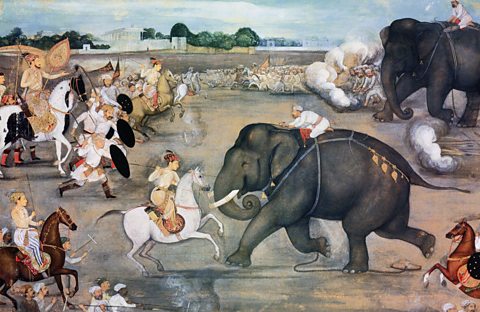 A painting in which two armies meet, one side armed with spears and shields riding horseback, the other on foot and riding elephants.