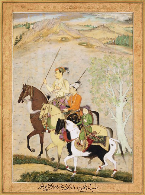 A very old painting in which three males ride on horses next to each other, in the background are hills and mountains.