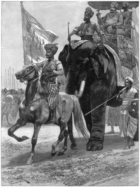 A man wearing silk clothes and a turban carries a flag whilst riding on horseback, ahead of an elephant. The elephant carries a man riding behind its ears and another man sitting on a throne on the back of the elephant. By the side of the elephant is a man carrying a shield and spear and in the background is an army carrying spears.