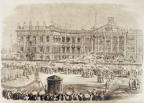 An illustration of a large crowd of people stood outside of a large multi-storey, grand looking building