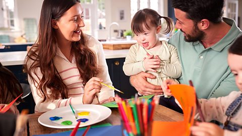 Family finger painting indoors