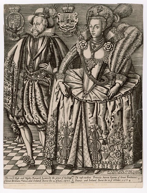 An engraving showing King James VI of Scotland and his queen, Anne of Denmark. They married in 1589.