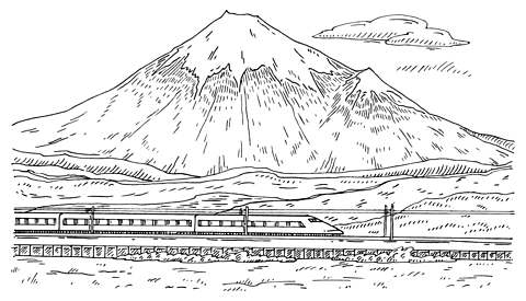 A line drawing of a mountain and a train. Hatching has been used. 