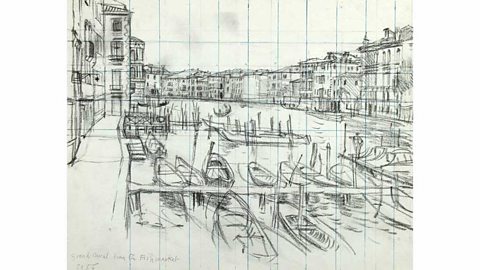 Sketch of boats in a harbour with a grid of squares overlaid.