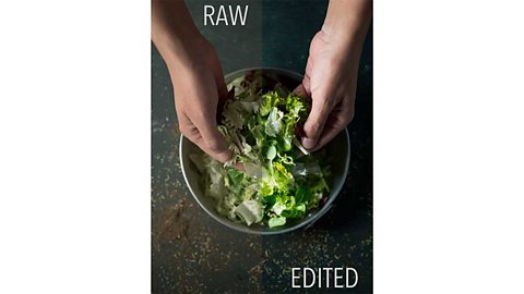 Hands in a bowl of salad. The left half of the image looks dull and says "raw". Half looks vibrant and says "edited"