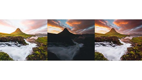 Three copies of the same photograph of a hill and rushing water, each with different lighting