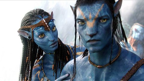 Blue skinned people with cat's ears and noses, topless with necklaces and braids