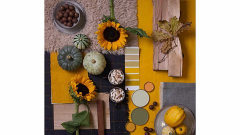 A table with cloth, marshmallows, nuts, wood, leaves, sunflowers and squash vegetables