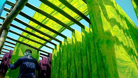 Long pieces of lime green and purple fabric draped over a wooden frame