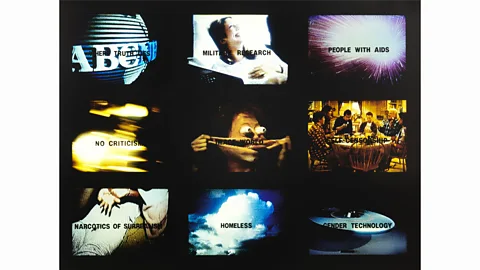 Courtesy of Gretchen Bender Estate In her 1989 installation TV Text Image, numerous televisions show a barrage of images jostling for attention (Credit: Courtesy of Gretchen Bender Estate)