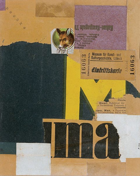 A Dada artwork by Kurt Schwitters which is a montage of printed images, including newspaper print, a picture of a fox, a ticket, a yellow M, and more.