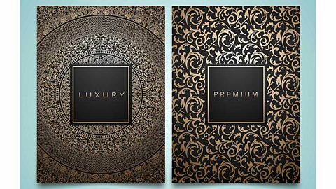 Ornate gold designs on black packaging reading luxury and premium