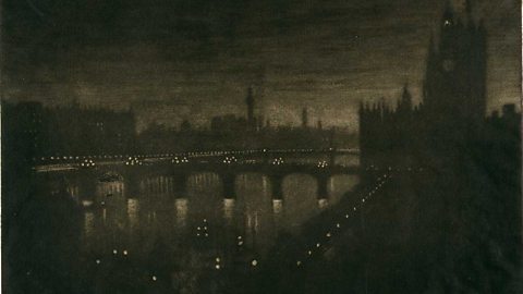 Depiction of Westminster in the evening, using very dark tones