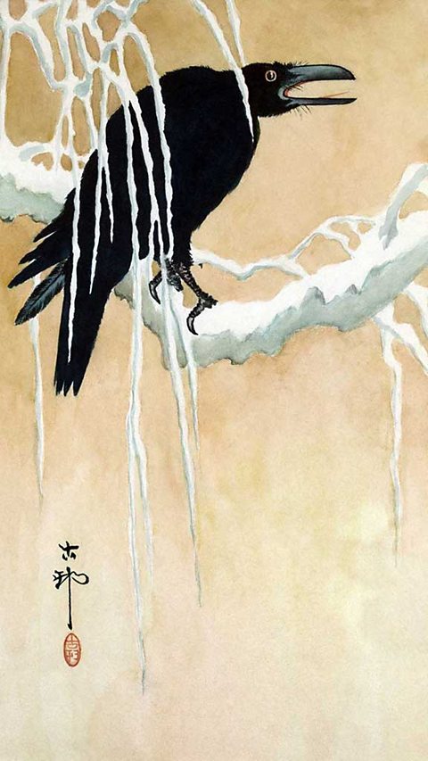 Japanese woodcut of a blackbird on a snowy branch