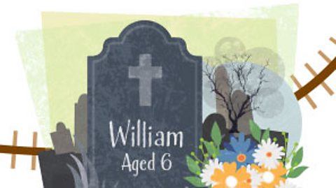 A gravestone that says 'William, aged 6'. There are orange, white and blue flowers by it.