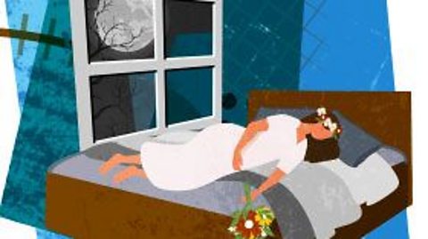 Elizabeth, wearing a white dress and holding a bouquet of flowers, lies sprawled across a bed.