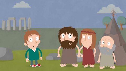 An illustration of a young boy looking at three people from the Stone Age 