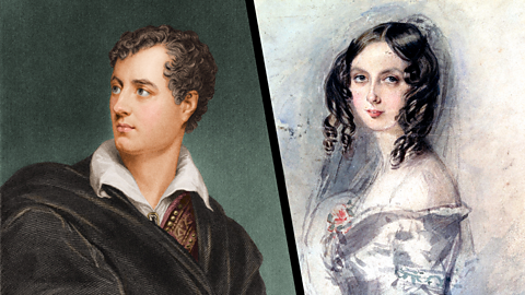 On the left of the image is a colourised engraving of Lord Byron, with dark curly hair and wearing a dark cloak over a white collar. On the right is a painting of Ada Lovelace, wearing a white dress and with dark hair styled in ringlets.