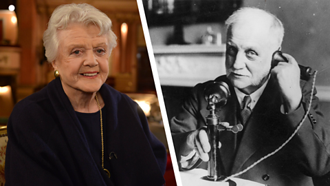 On the left is a photo of Angela Lansbury, in a theatre and wearing a navy coast with a gold necklace. On the right is a black and white of George Lansbury wearing a suit and using a telephone.