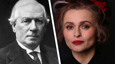 On the left is a black and white photograph of H.H. Asquith, wearing a suit. On the right is a colour photo of Helena Bonham Carter, wearing red lipstick and with a red flower in her hair.