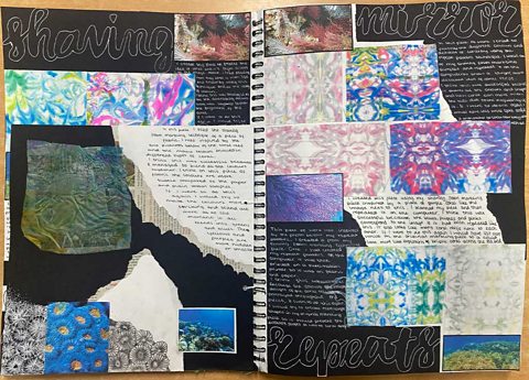 Shaving mirror repeats. Sketchbook containing photos of dyed fabric and notes