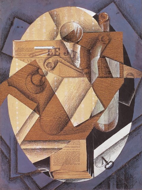 A cubist collage called Still Life made by Juan Gris in 1914 that uses paper, printed materials and charcoal