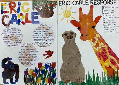 Drawings of a gorilla, sloth, meerkat and giraffe. Notes and title - Eric Carle