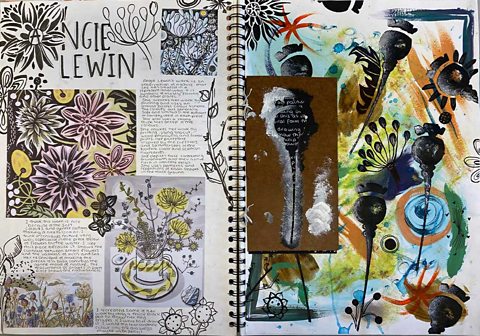 Angie Lewin- Collage of plant pictures, drawings and paintings of plants, and notes