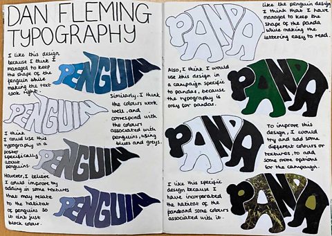 Typography designs. The words panda and penguin written in the shape of each animal