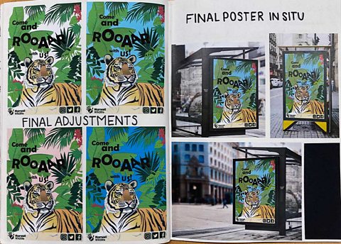 Poster design- Come and roar with us featuring a tiger. Poster examples on bus stop signs