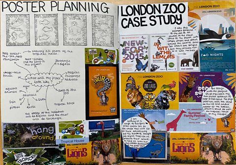 A poster plan for london Zoo featuring marketing material from the zoo and a mind map