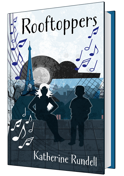 The front cover of a book with the title Rooftoppers by Katherine Rundell. The image shows two figures - a boy and a girl - sat on a rooftop in Paris. The girl has long, white hair. In the background is the Eiffel Tower, the moon, trees and musical notes.