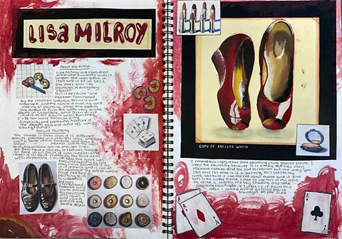 Study of the artist Lisa Milroy. Notes and a picture of a pair of red shoes.