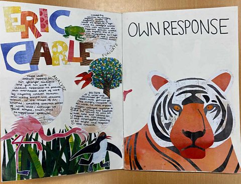 Eric Carle response. Picture of a tiger, flamingo, penguin, frog and bird. Notes.