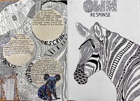 Own response. Millie Maratta. Notes and drawings of a zebra, koala and 2 giraffes.