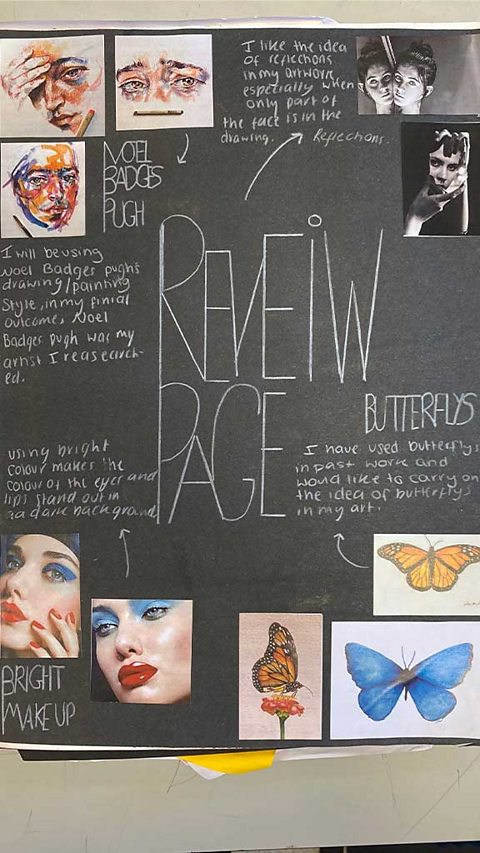 Review page. Black paper with pictures of faces with makeup, butterflies and notes.