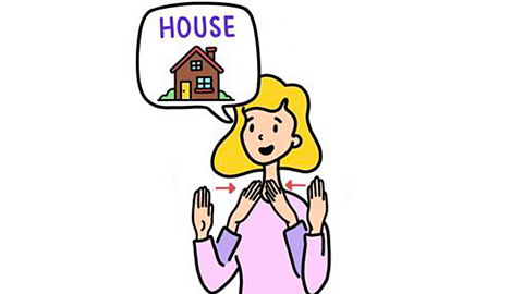 A cartoon of a mum signing and saying the word 'house'.