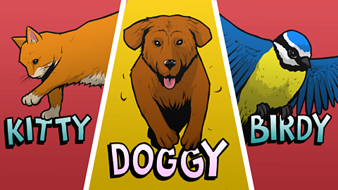 A cartoon of a cat, dog and bird labelled 'kitty', 'doggy' and 'birdy'.