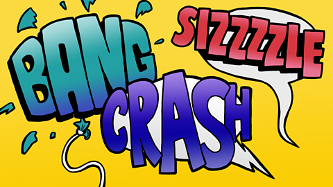 A cartoon of the words bang, crash and sizzle