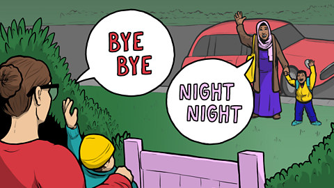 A cartoon of a mum and toddler waving to another mum and toddler - one mum is saying 'bye bye' while the other says 'night night'