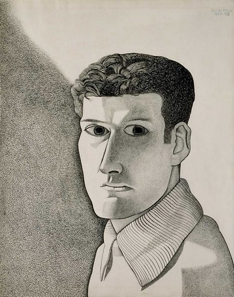 Black and white portrait of a man with a large shirt collar