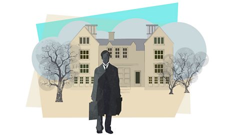 Arthur Kipps as a young man stood in front of a grand house.