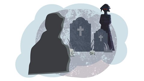 The shadow of a man looking at two gravestones. The woman in black stands behind the gravestones. Her eyes are red.