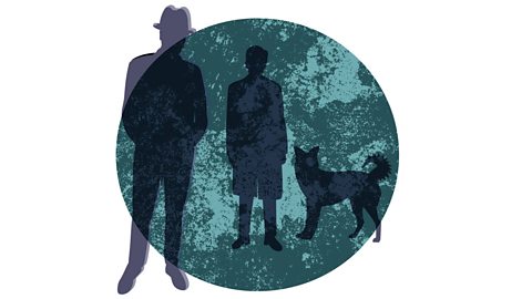 Two male shadows - one in a hat and one in a long coat - and a dog shadow