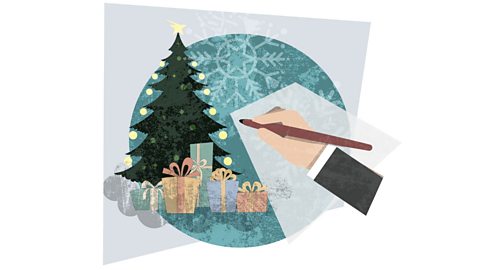 A Christmas tree with presents underneath. To the right is a hand holding a quill writing on paper.